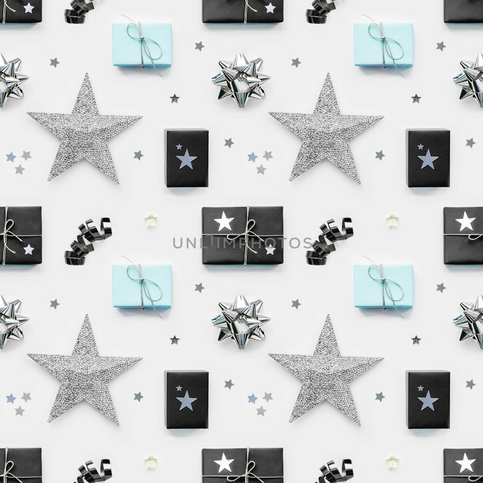 Photo seamless pattern with holiday presents. Gifts wrapped in pale cyan and black paper with silver ribbons and bow. Stars confetti. Top view, flat lay. by aksenovko