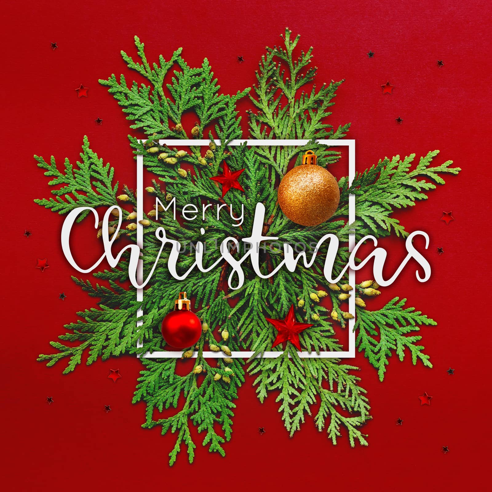 Christmas background with thuja branches and words MERRY CHRISTMAS in white square frame. Trendy Xmas greeting with stars and ball decorations on red backdrop.