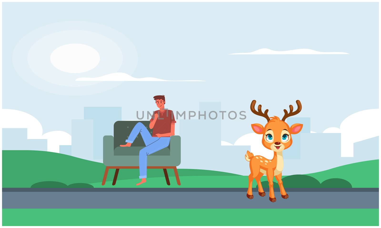 man sitting in a park looking at deer by aanavcreationsplus