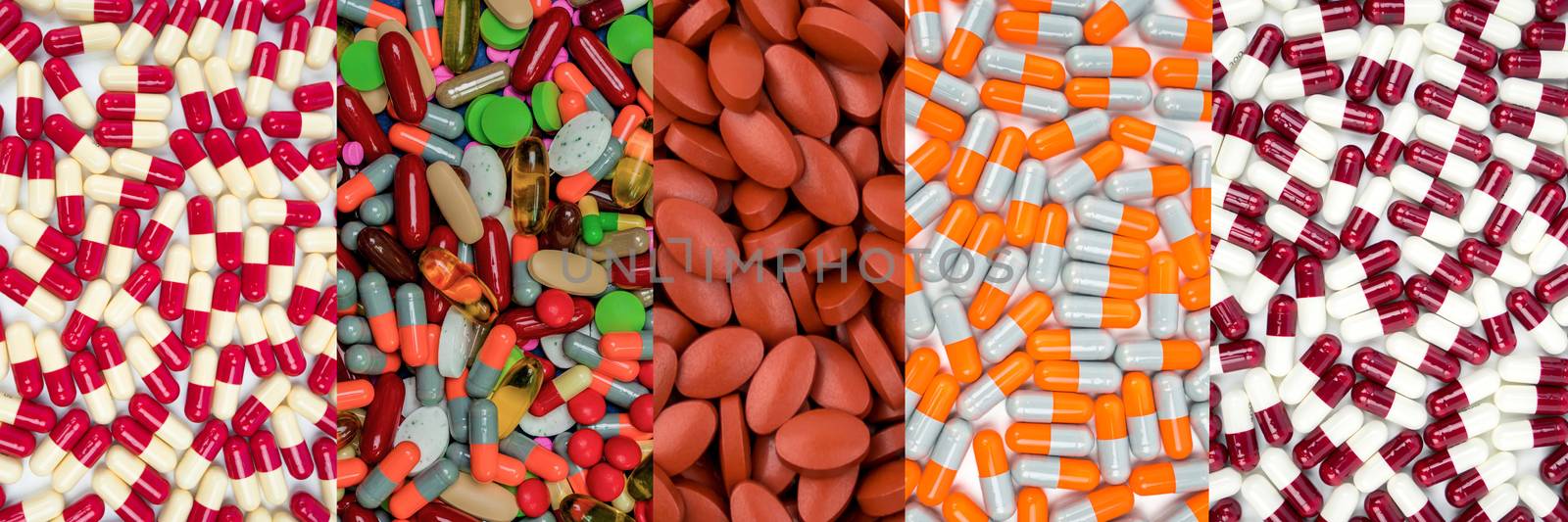 Vitamins and supplements. Colorful of pills. Many of capsules and tablets pills. Pharmaceutical industry products. Drug interactions concept. Pharmacology and toxicology. Pharmaceutics concept. 
