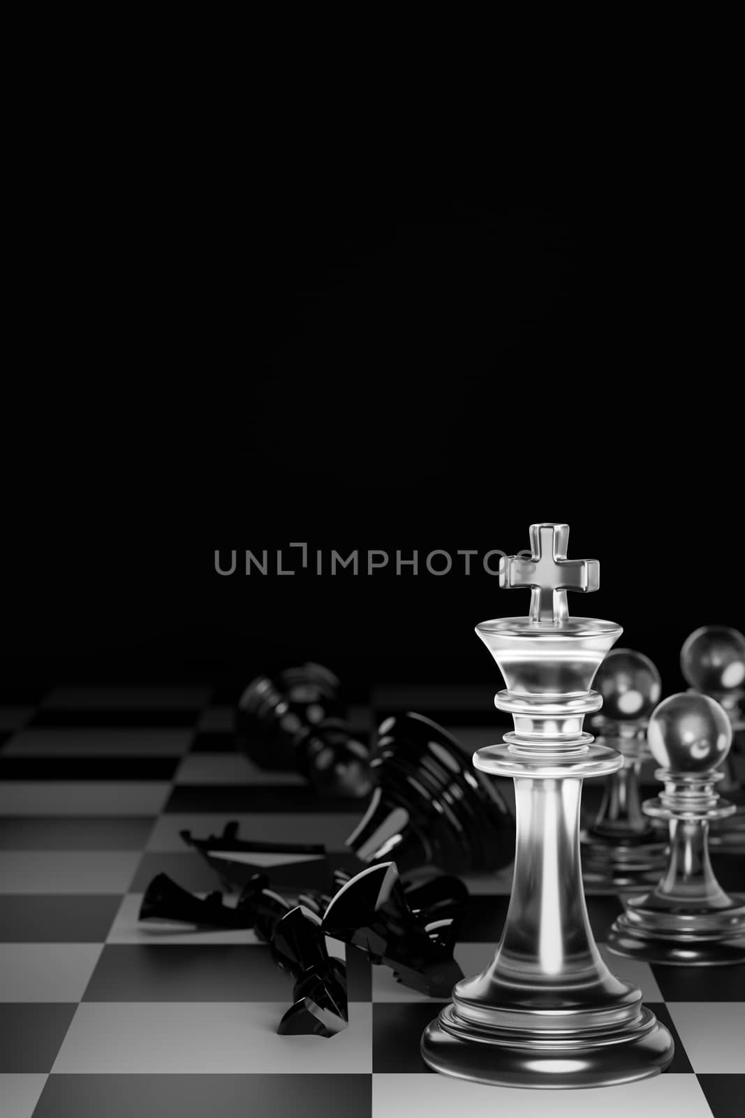 King of clear white chess has made checkmate king of black chess in dark black background. Concept of the strategic planning of leadership for victory in the competition of business games. 3D render.