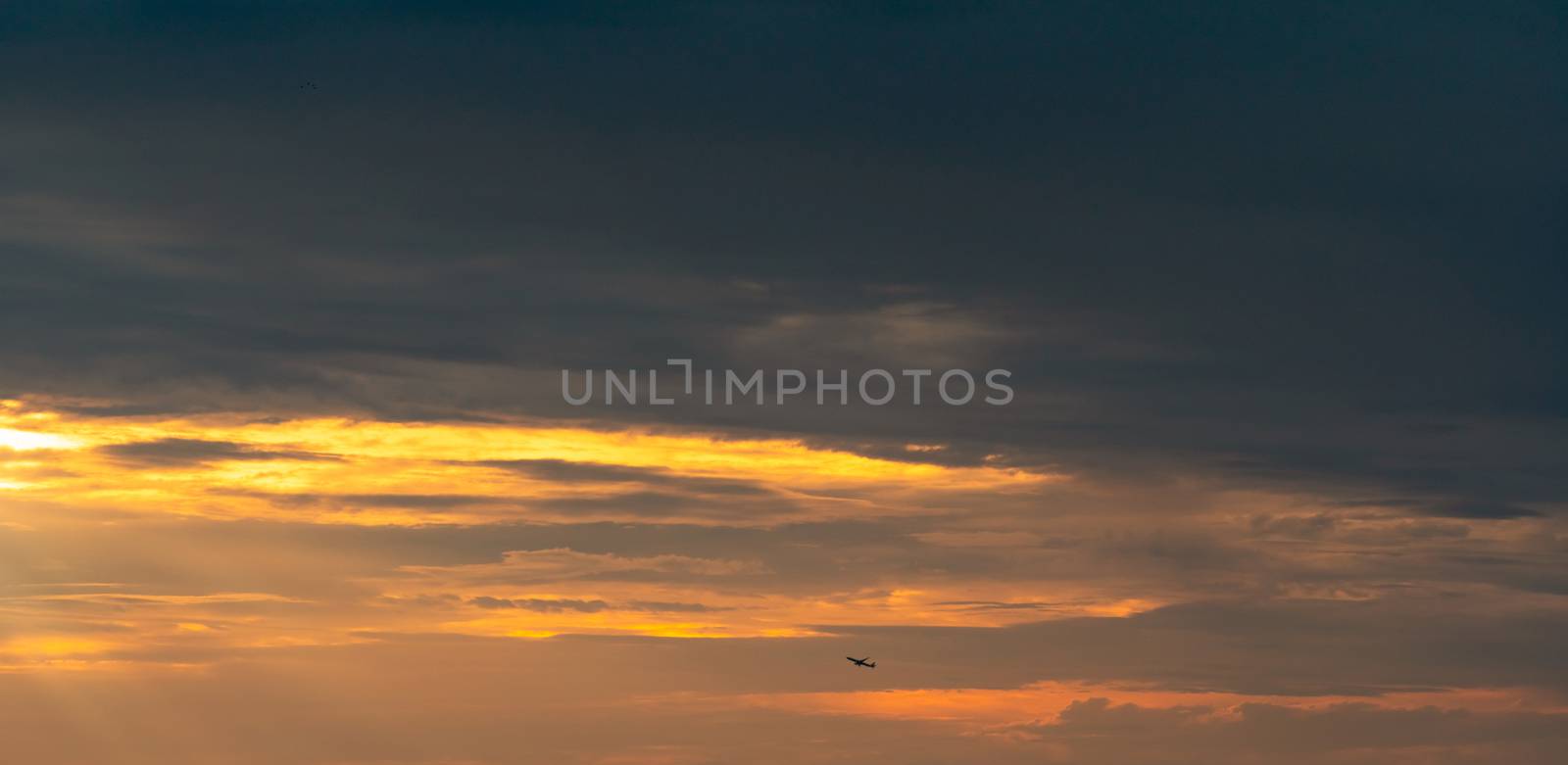 Silhouette small airplane flying on beautiful sunset sky. Golden vast sunset sky. Freedom and calm background. Beauty in nature. Powerful and spiritual scene. Dramatic and majestic golden sky.