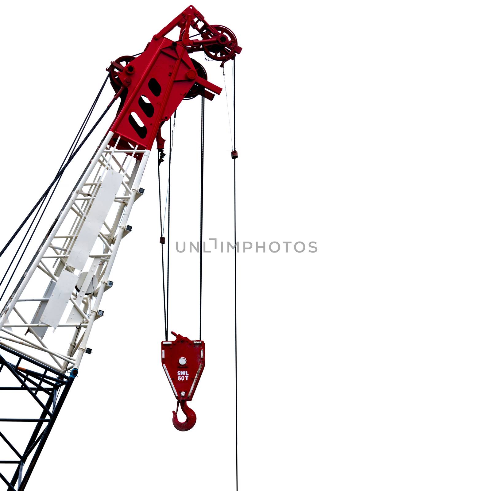 Construction crane for heavy lifting isolated on white background. Construction industry. Crane for lift with 50T safe working load. Crane for rent. Crane dealership for construction business.