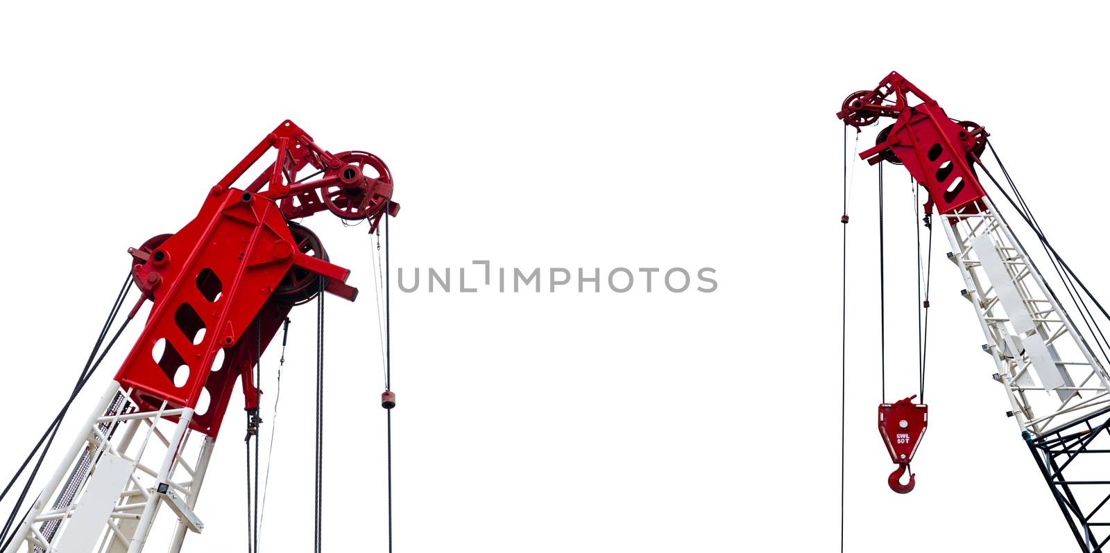 Construction crane for heavy lifting isolated on white background. Construction industry. Crane for lift with 50T safe working load. Crane for rent. Crane dealership for construction business.