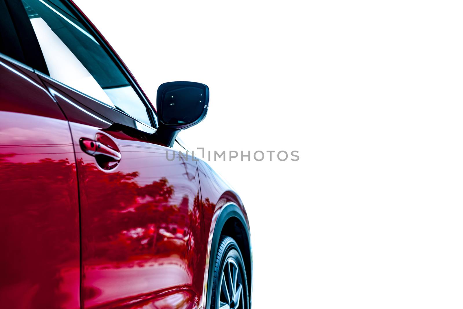 Luxury car isolated on white background. Auto leasing business. Car dealership concept. Side view of red shiny car with copy space. Automotive industry. Auto glass coating and shinning business. EV.