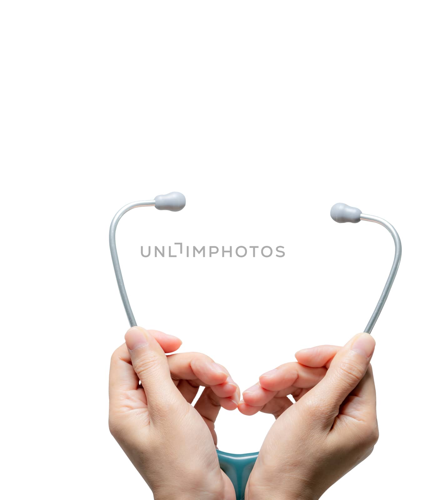 Hand hold stethoscope isolated on white background. Health checkup. Healthcare and medicine background. Diagnostic medical tool for patient diagnosis. Cardiology doctor. Heart care and healthcare.