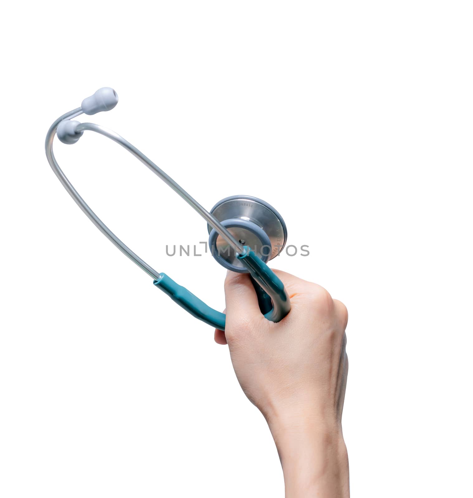 Hand holding stethoscope isolated on white background. Health checkup. Healthcare and medicine background. Diagnostic medical tool for patient diagnosis. Cardiology doctor. Heart care and healthcare.