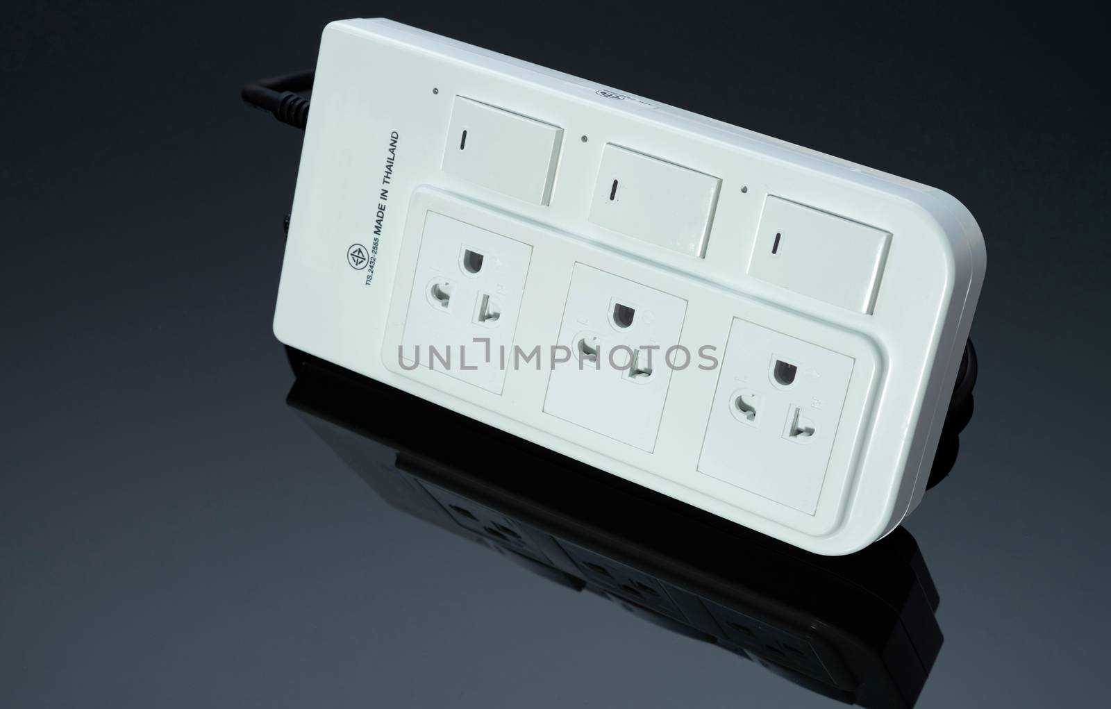 Power strip with three electrical standard socket on black background. White universal plug with overload protection. Fire resistant material for cover. Circuit breaker. Individual switch. Power plug.