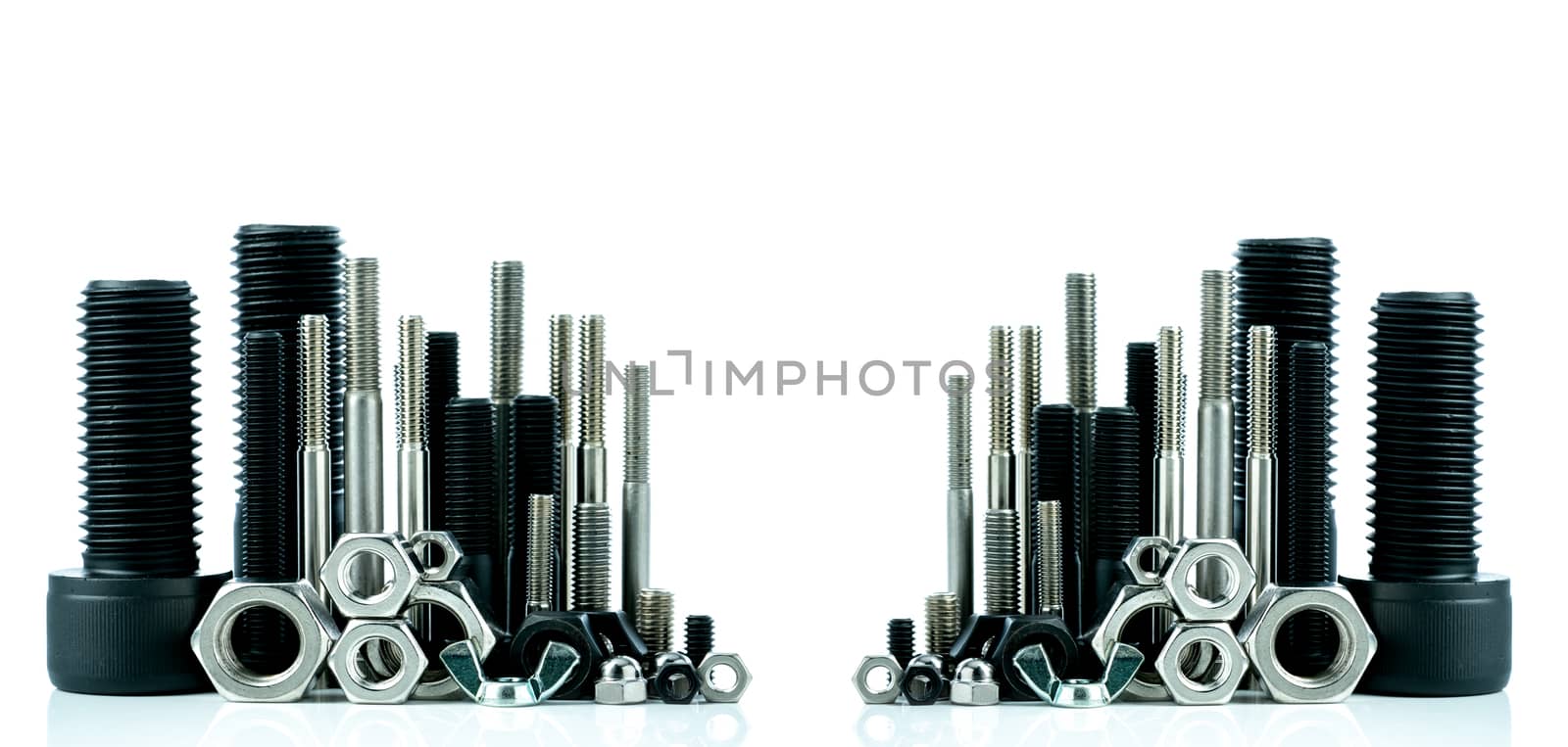 Metal bolts and nuts on white background. Fasteners equipment. H by Fahroni