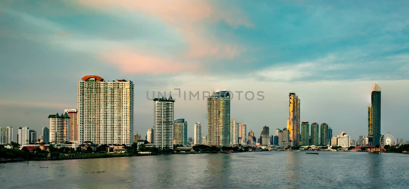 Cityscape of modern building near the river in the morning. Mode by Fahroni