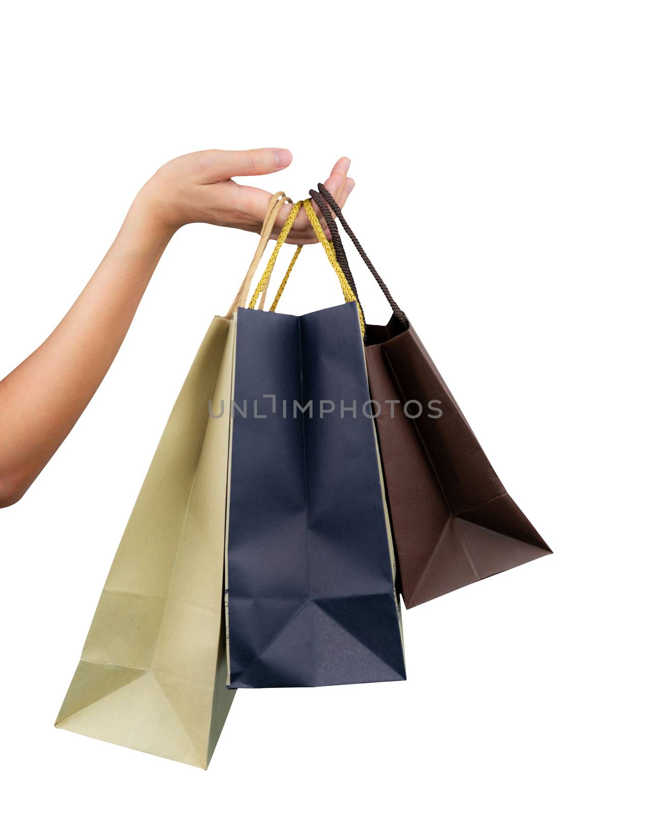 Woman carrying paper shopping bags isolated on white background. by Fahroni