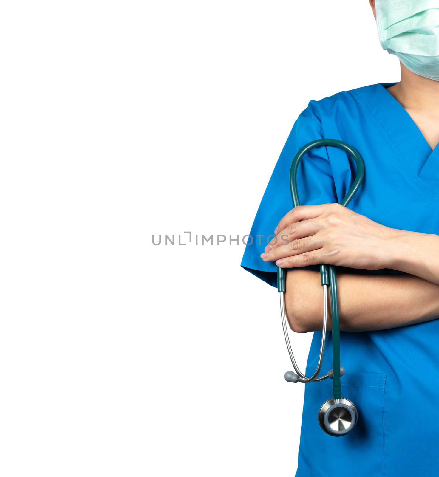 Surgeon doctor wear blue scrubs shirt uniform and green face mas by Fahroni