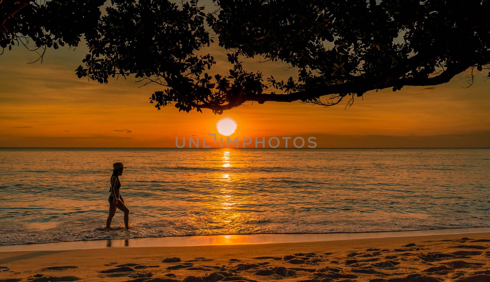 Silhouette sexy woman walking at tropical sea with beautiful sunset sky at paradise beach. Happy girl wear bikini and straw hat relaxing summer vacation. Holiday travel. Summer vibes. Life goes on.