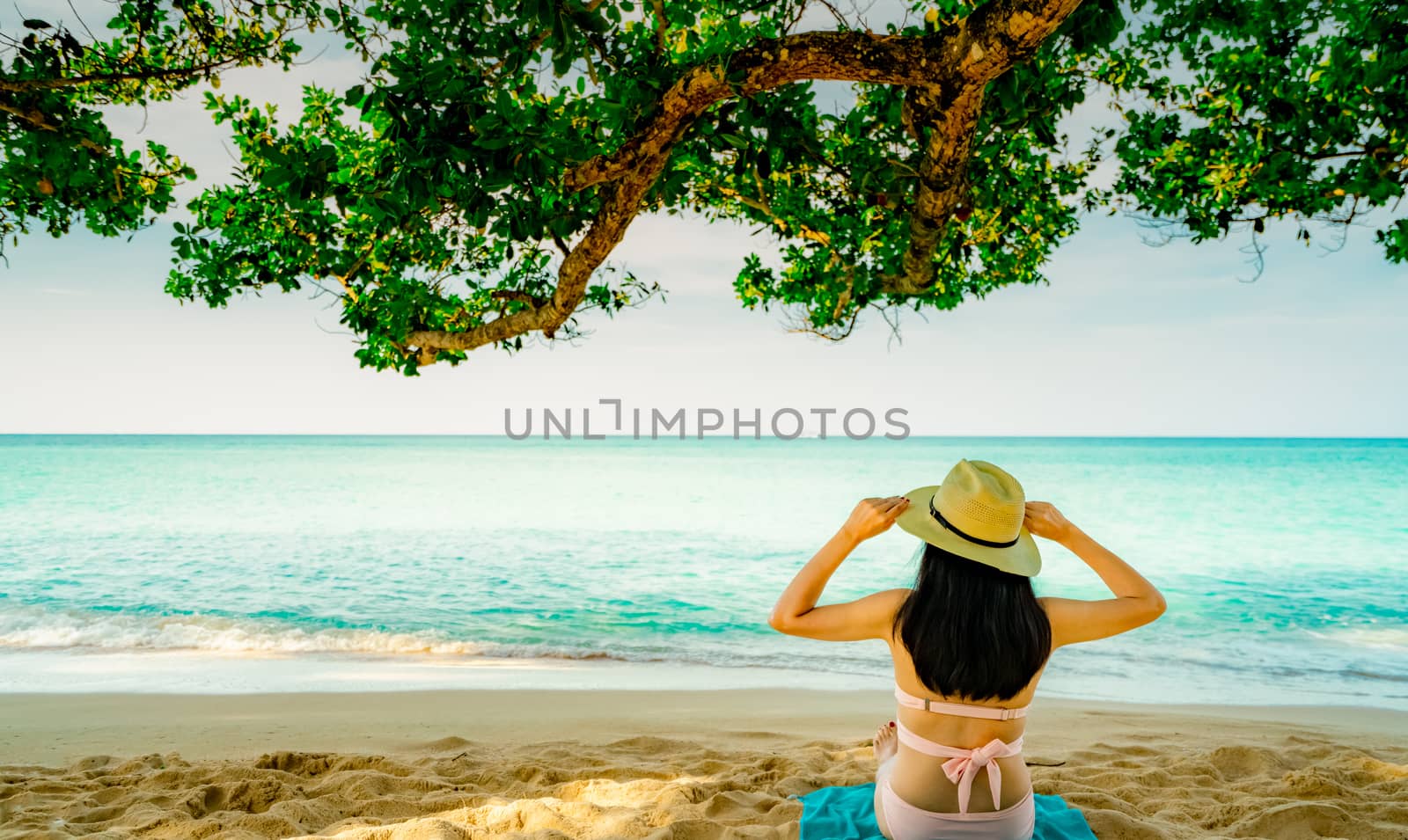 Back view of happy young Asian woman in pink swimsuit and straw hat relax and enjoy holiday at tropical sand beach under the tree. Girl in summer vacation fashion. Beauty sexy model. Summer vibes.