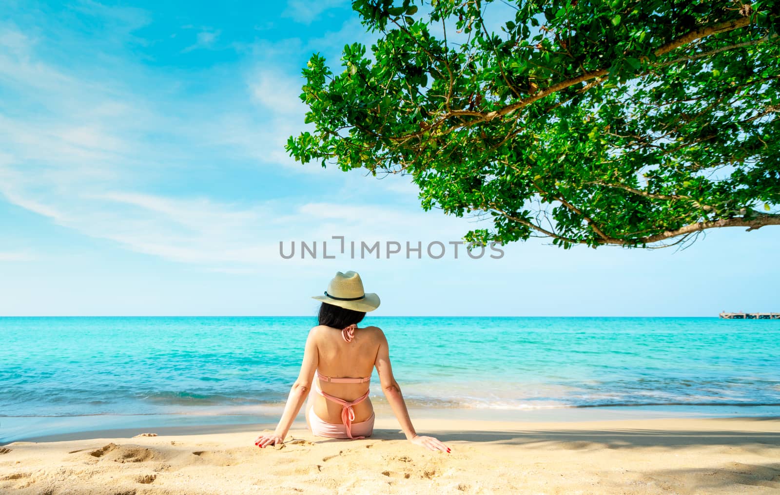 Back view of happy young Asian woman in pink swimsuit and straw hat relaxing and enjoy holiday at tropical paradise beach on vacation. Girl in summer vacation fashion. Beauty sexy model. Summer vibes.