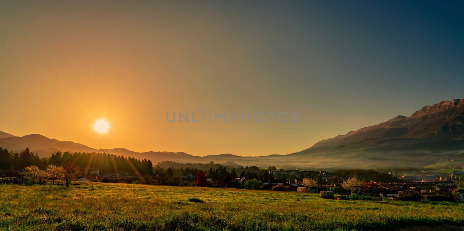 Morning sunrise over the mountain with clear blue sky. Grass field and pine forest in rural village near rock mountain. The fog covered the mountain in the morning. City in valley. Landscape meadow 