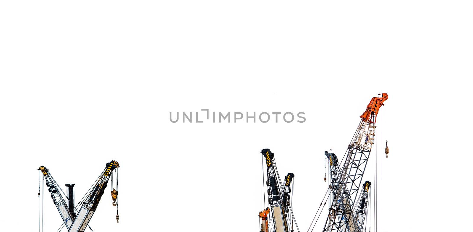 Set of big construction crane for heavy lifting isolated on white background. Construction industry. crane for container lift or at construction site. Crane rental business concept. Crane dealership.