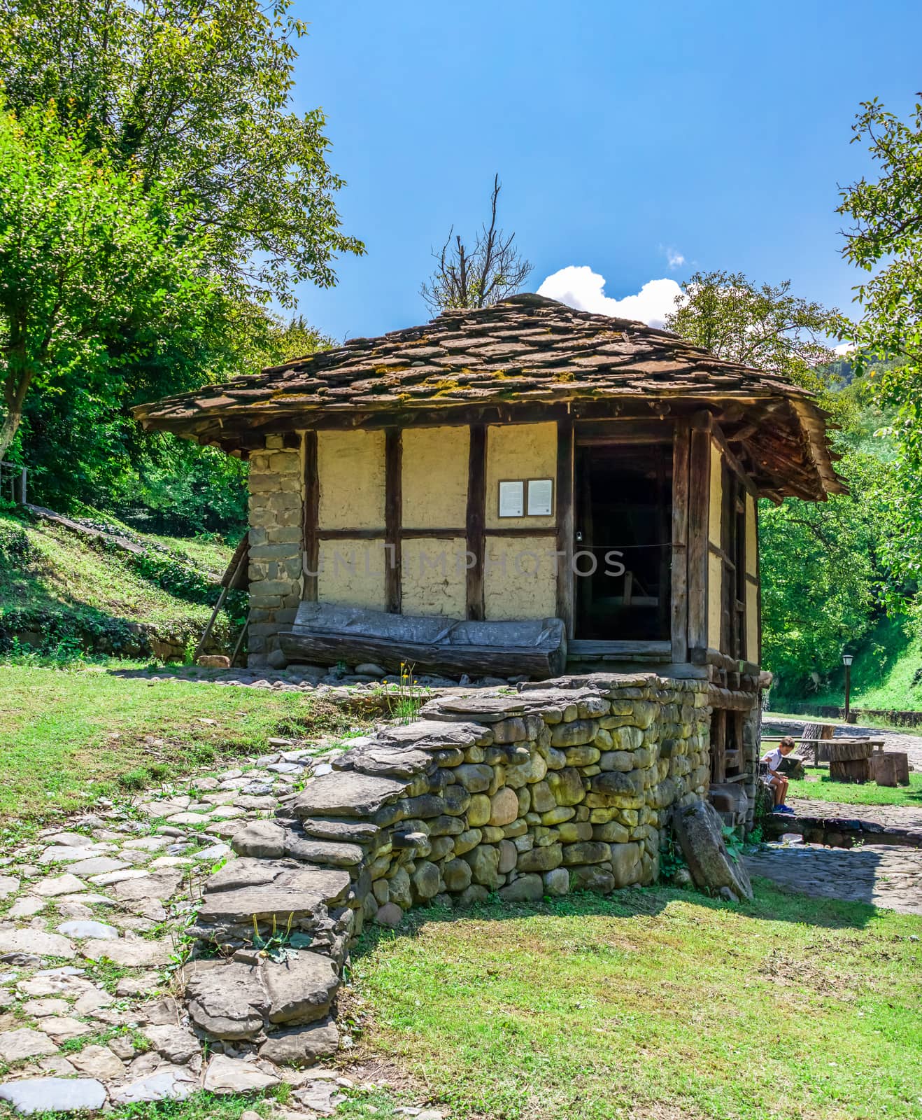 Gabrovo, Etar, Bulgaria - 07.27.2019. Etar Architectural Ethnographic Complex in Bulgaria on a sunny summer day. Big size panoramic photo.