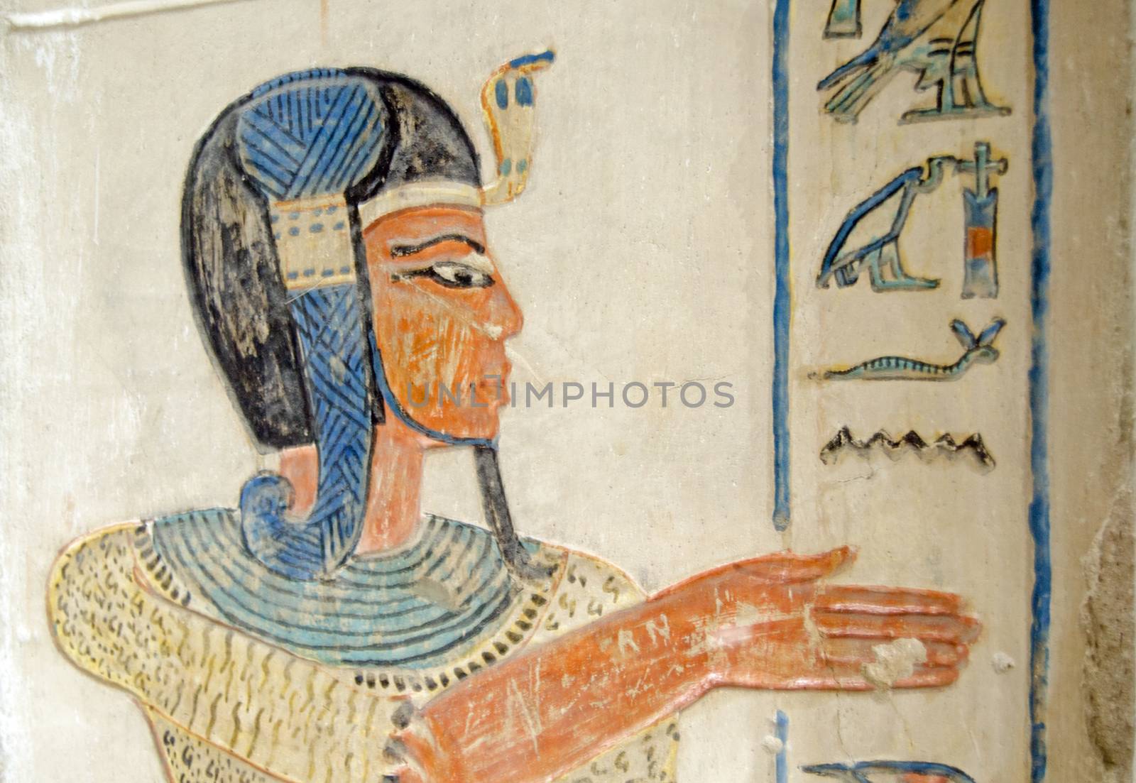 Prince Amunherkhopshef, son of Pharaoh Ramses III painted onto the wall of his tomb at the Valley of the Queens on the West Bank of the Nile at Luxor, Egypt.  Ancient Egyptian mural, thousands of years old.