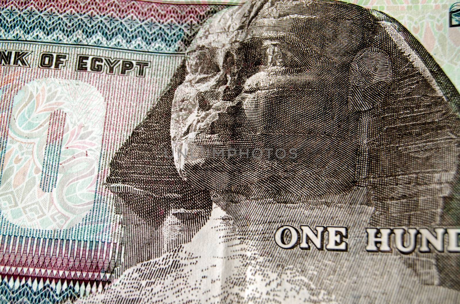 Detail of the one hundred pound banknote from the Egyptian Central bank showing the famous face of the Sphinx of Giza.  Used banknote photographed at an angle