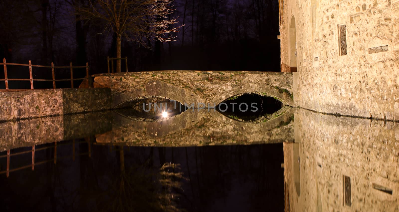 Bridge over water with reflection in the water. Night shot