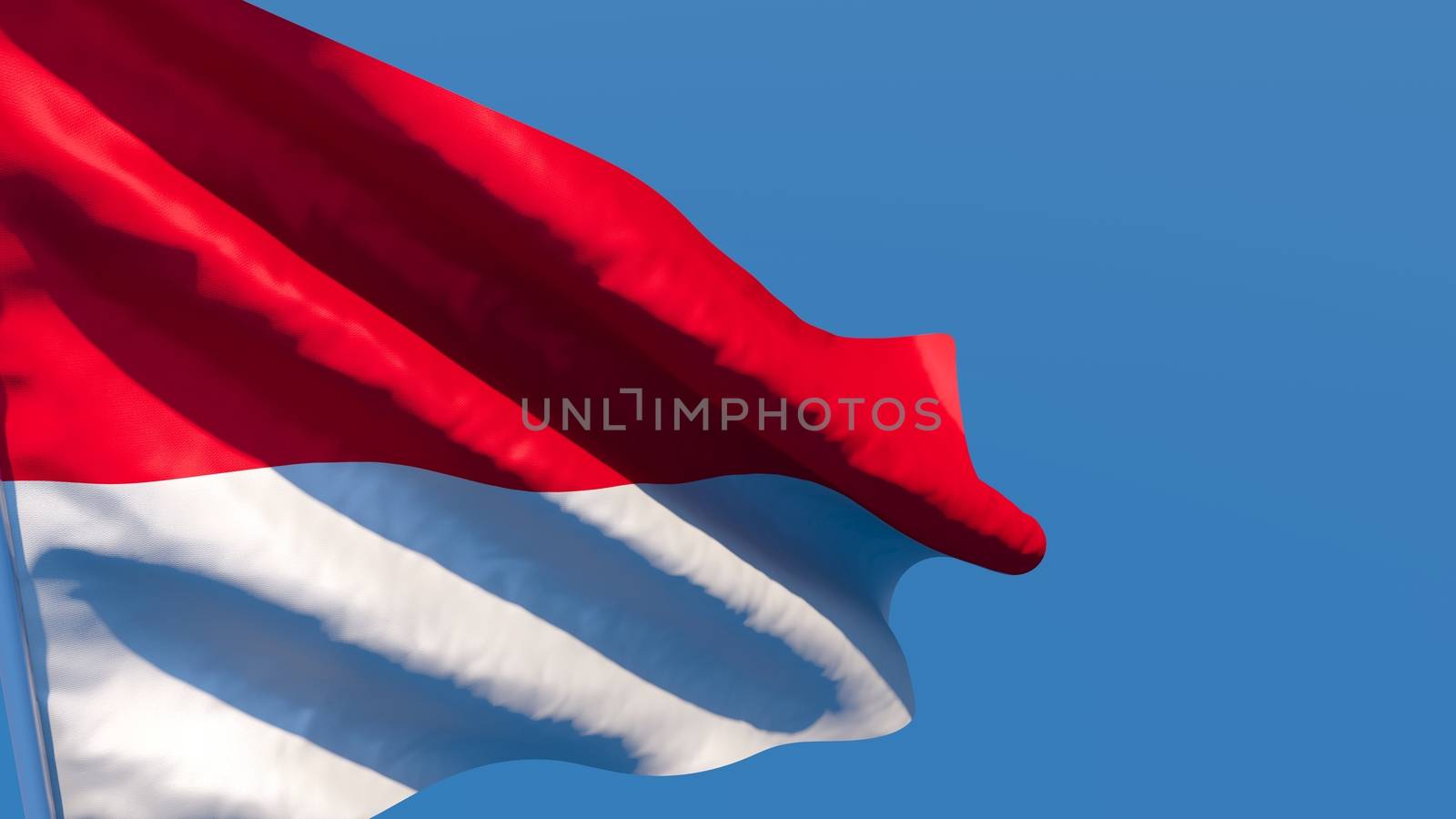 3D rendering of the national flag of Indonesia waving in the wind against a blue sky