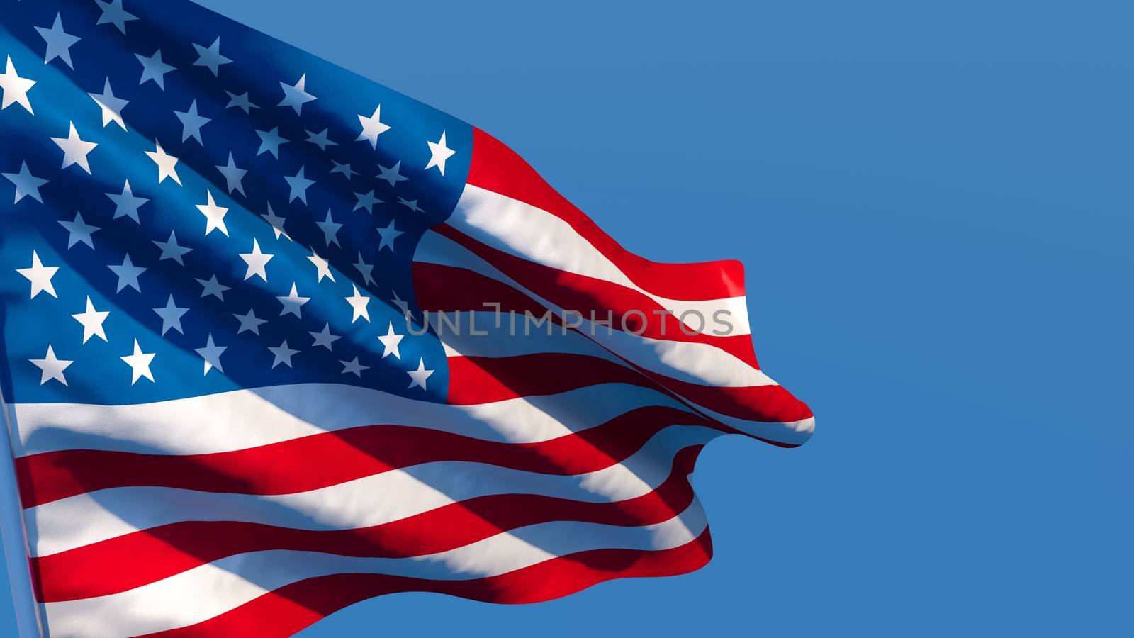 3D rendering of the national flag of United States of America waving in the wind against a blue sky