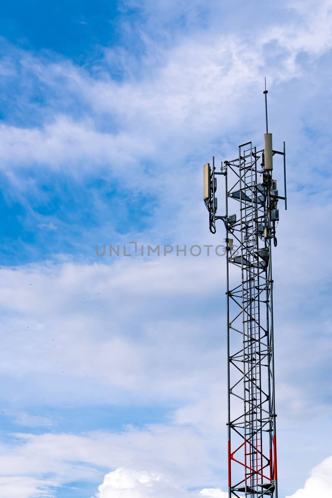 Telecommunication tower with clear blue sky background. Antenna  by Fahroni