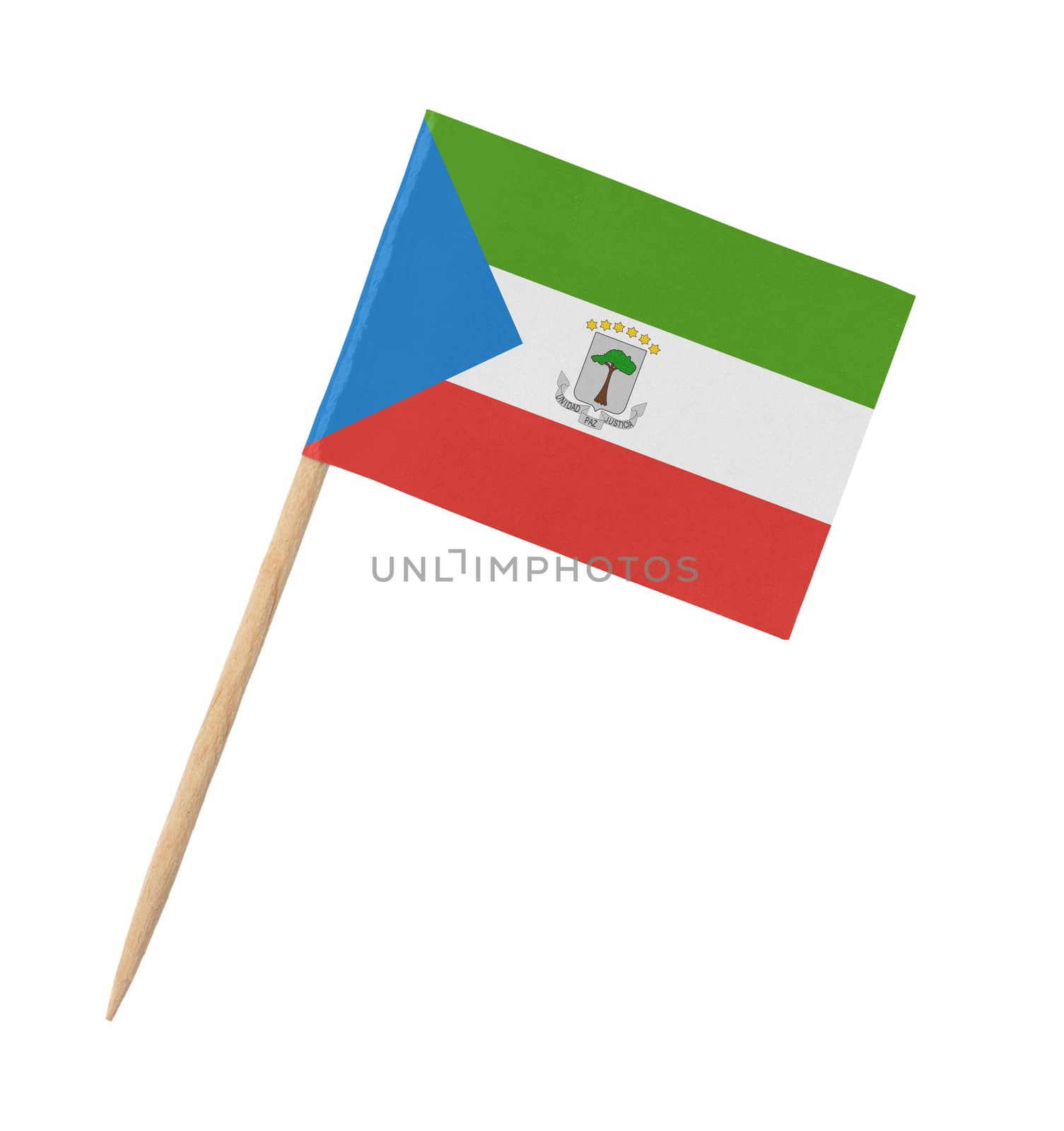 Small paper flag of Equatorial Guinea on wooden stick, isolated on white