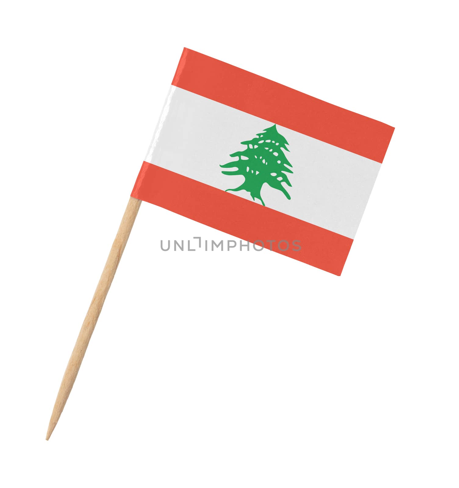 Small paper flag of Lebanon on wooden stick, isolated on white