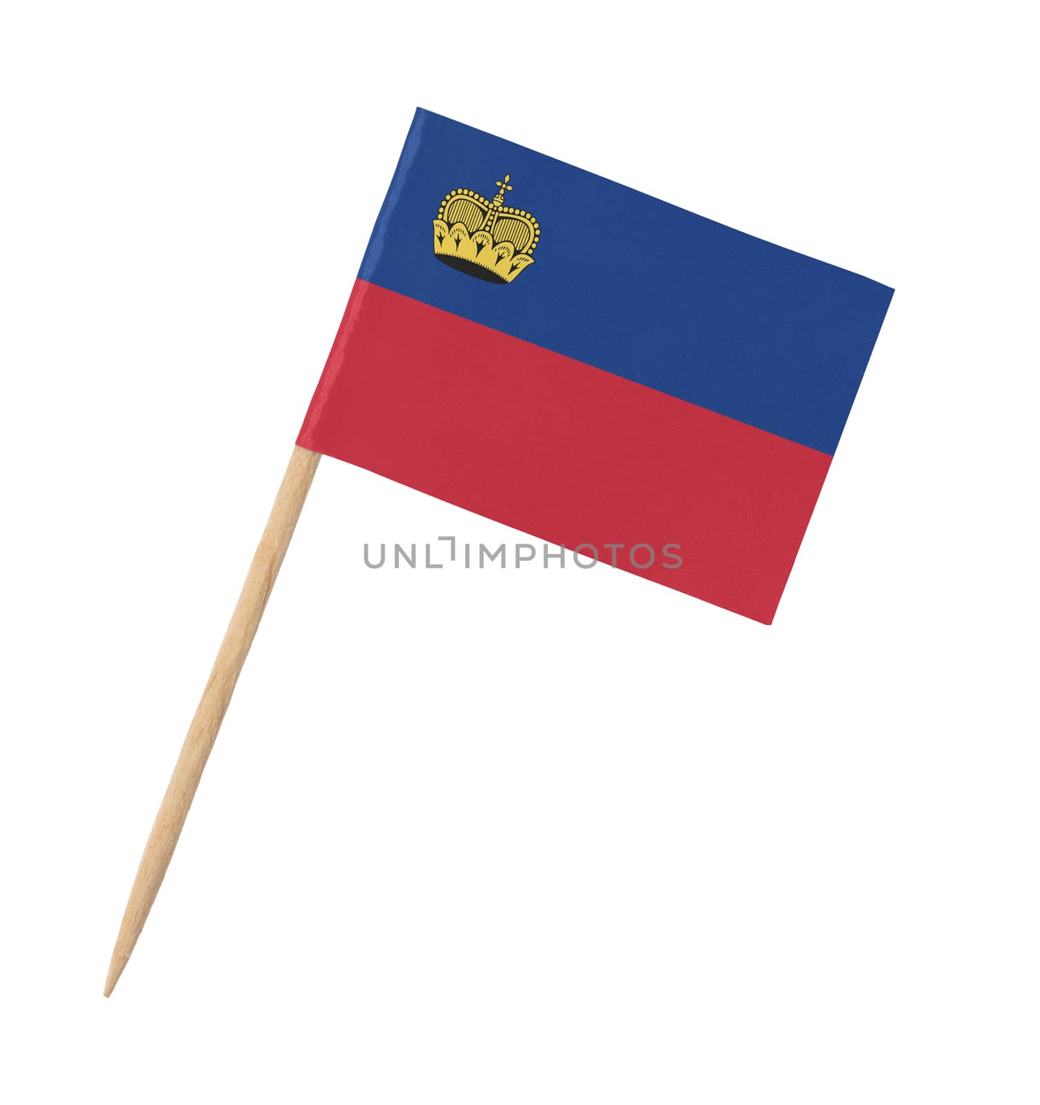 Small paper flag of Liechtenstein on wooden stick, isolated on white