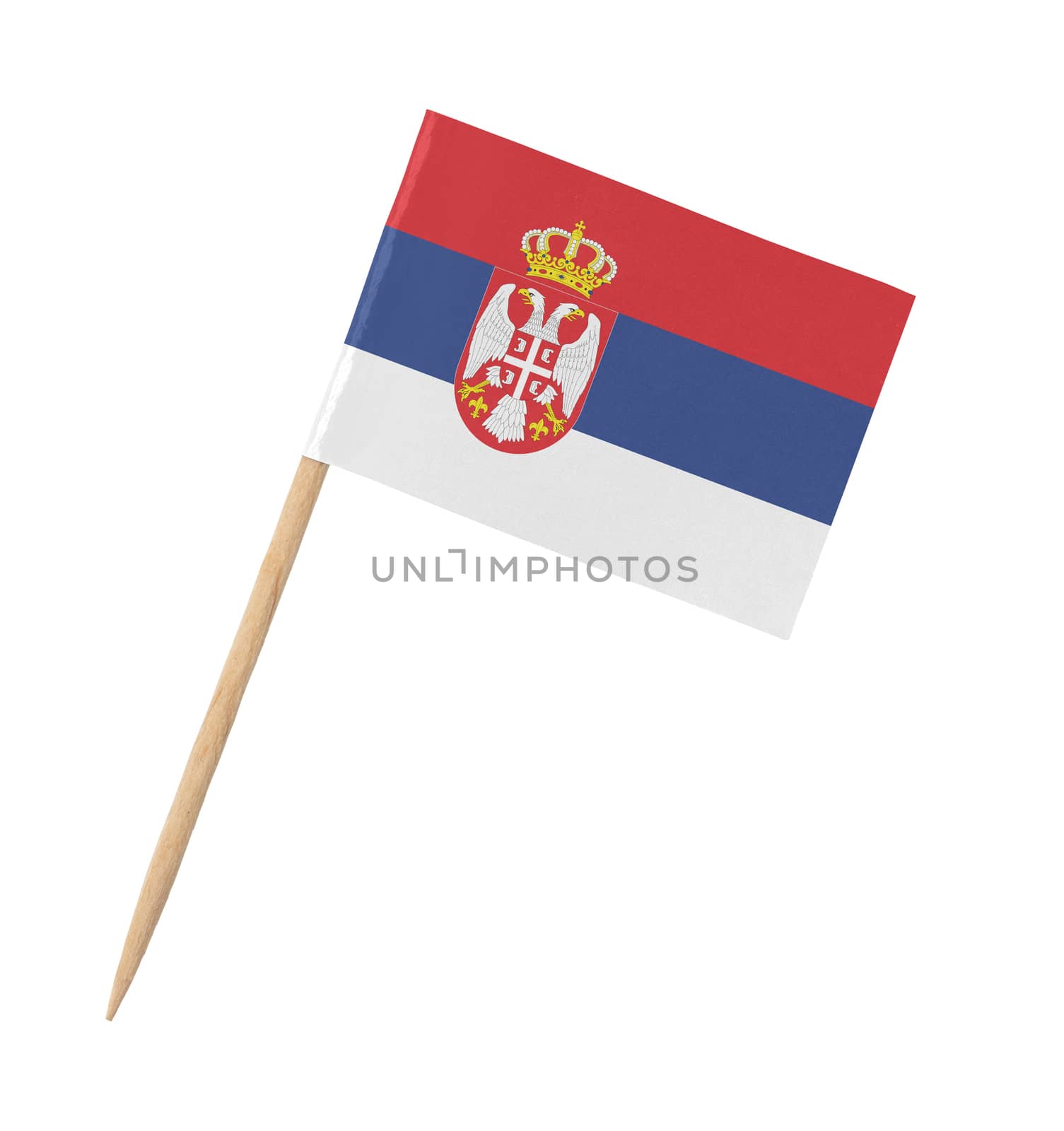 Small paper flag of Serbia on wooden stick, isolated on white