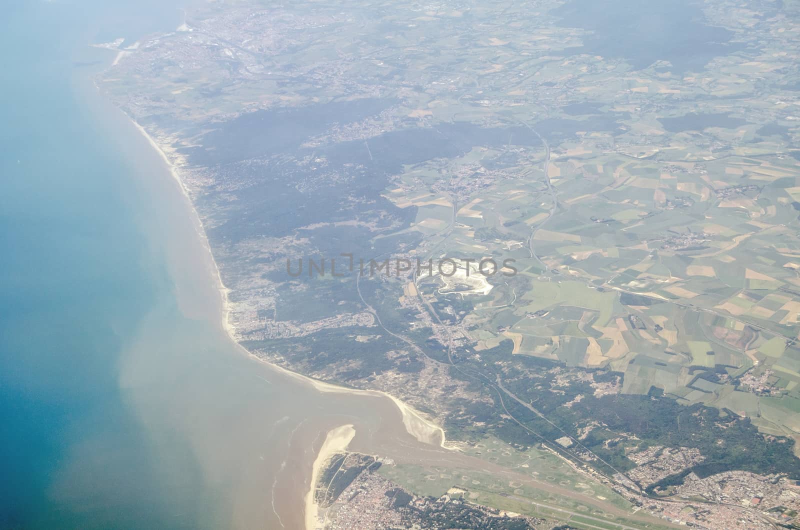 View from a plane of the French resort of Le Touquet on the shores of La Manche / English Channel in the Pas de Calais departement of Northern France. 