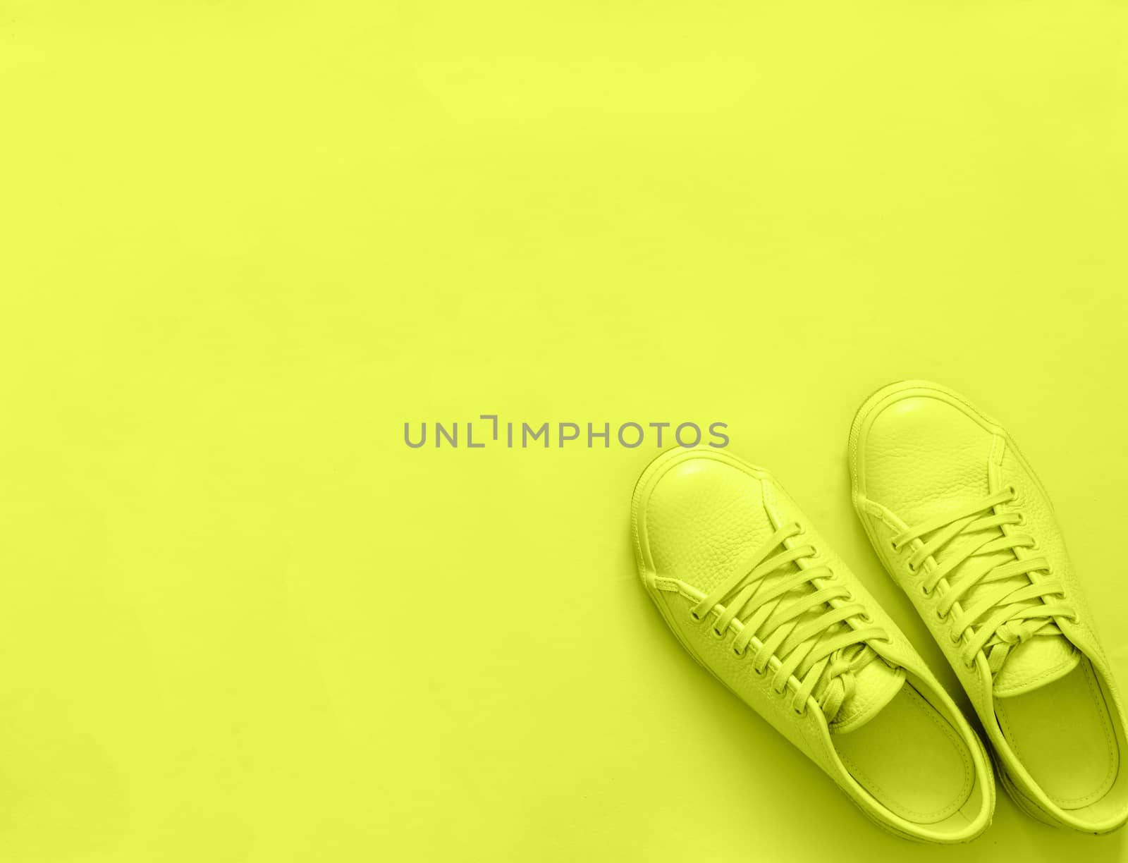 Green leather sneakers on green background. Pair of fashion trendy green sport shoes or sneakers with copy space for text or design. Overhead shot of new green sneakers,monochrome.Top view or flat lay