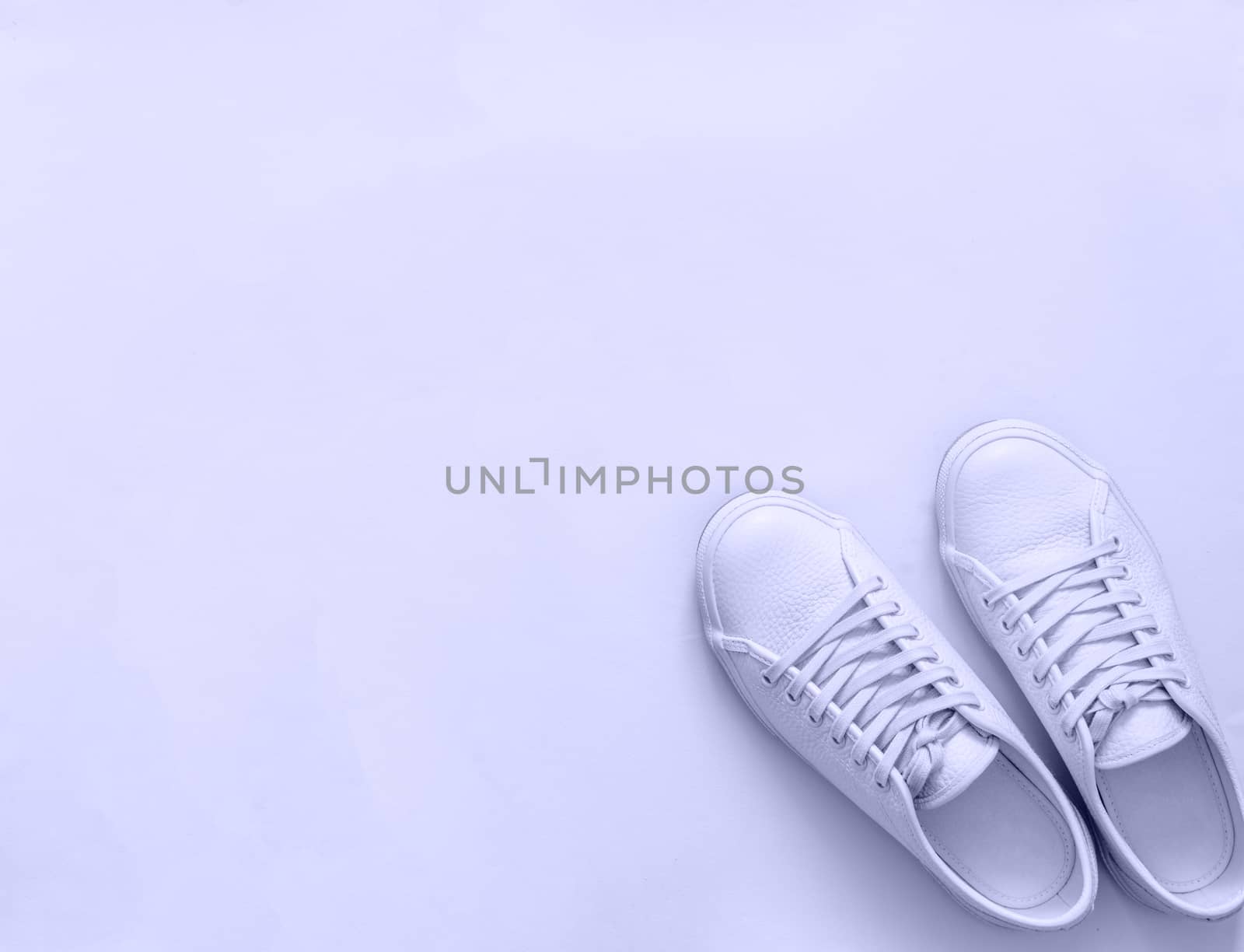 White leather sneakers on white background. Pair of fashion trendy white sport shoes or sneakers with copy space for text or design. Overhead shot of new white sneakers,monochrome.Top view or flat lay