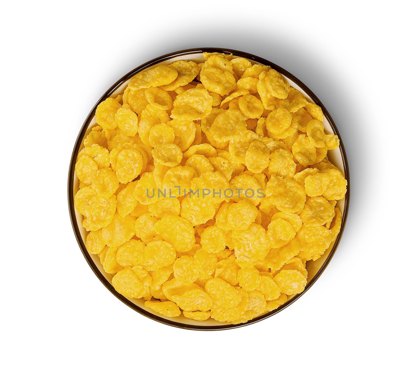 Cornflakes in bowl top view isolated on white background