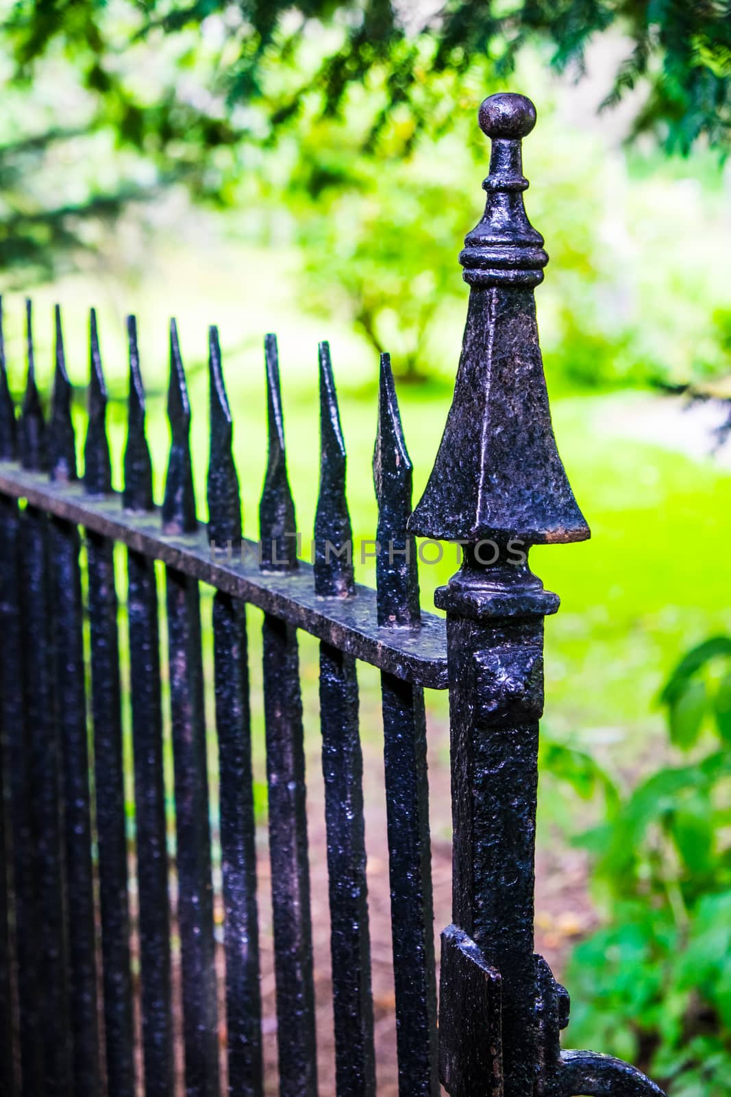 black metal fencing with spikes leading into churchyard