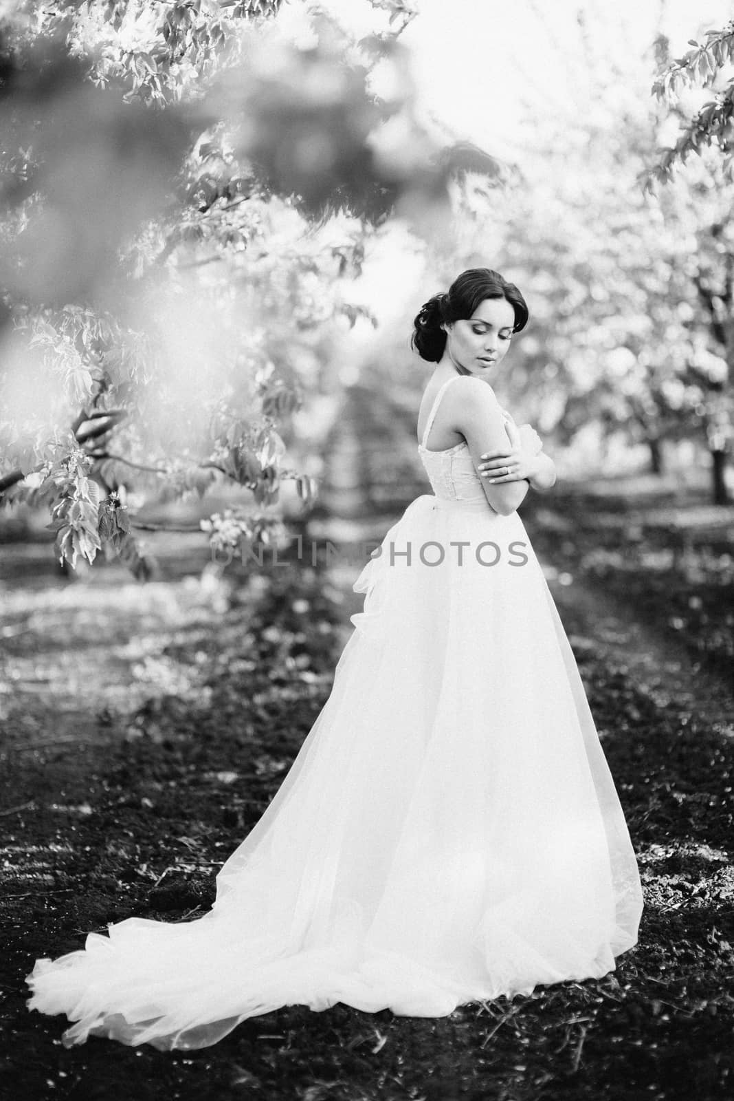 brunette girl in a turquoise dress walking in the spring garden