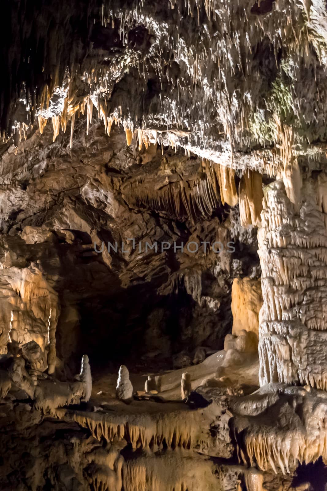 Postojna cave, Slovenia. Formations inside cave with stalactites and stalagmites