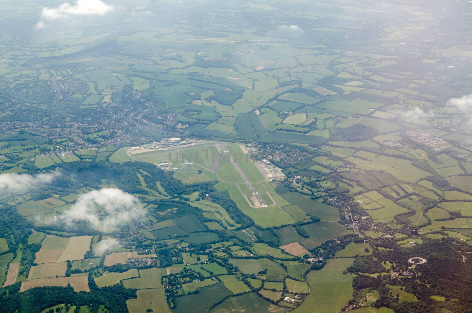 Aerial view of Biggin Hill Airport on the outskirts of the London Borough of Bromley.  During World War II, it was one of the Royal Air Force's main fighter stations and played an important role during the Battle of Britain.  