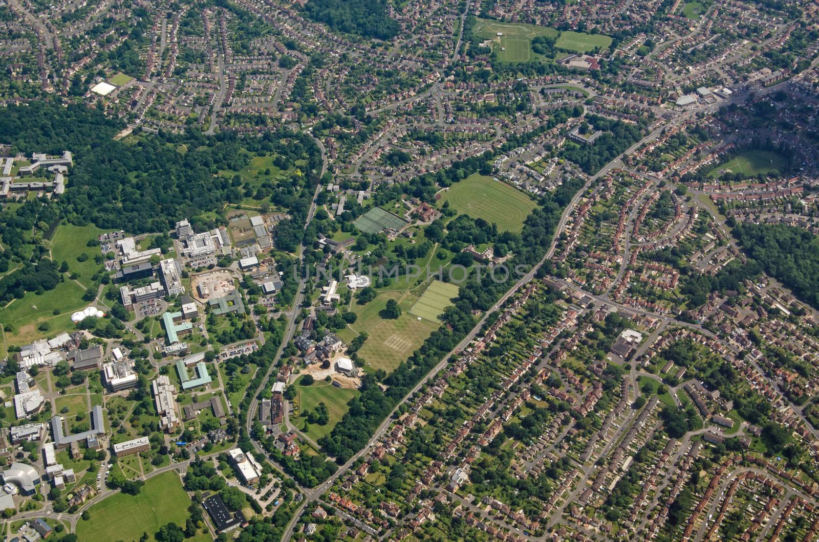 Aerial view of the University of Reading, Whiteknight Campus in the southern part of the town in Berkshire.  Viewed on a sunny summer day.