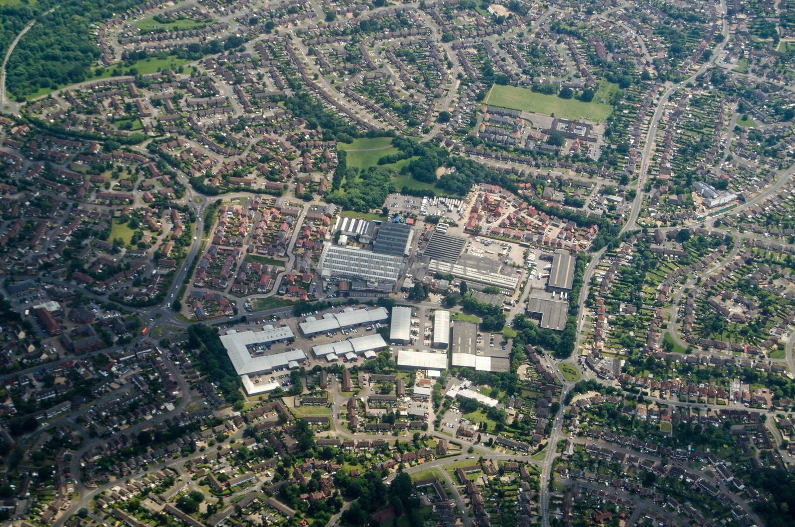 Aerial view of an out of town shopping centre in the Sandford area of Reading, Berkshire.  The centre includes shops and leisure facilities.  Viewed on a sunny, summer day