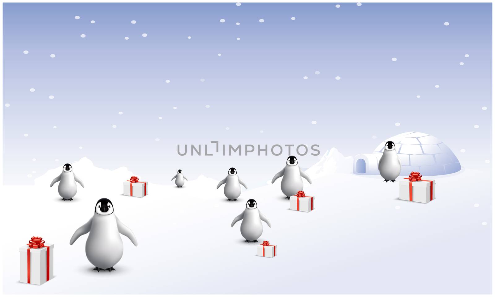 several penguins are in snow with gifts