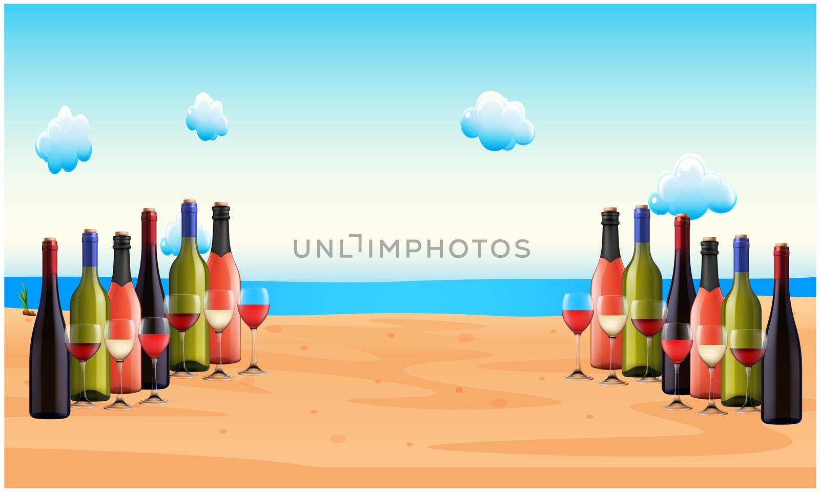 collection of wine bottle with glasses on beach side for party by aanavcreationsplus