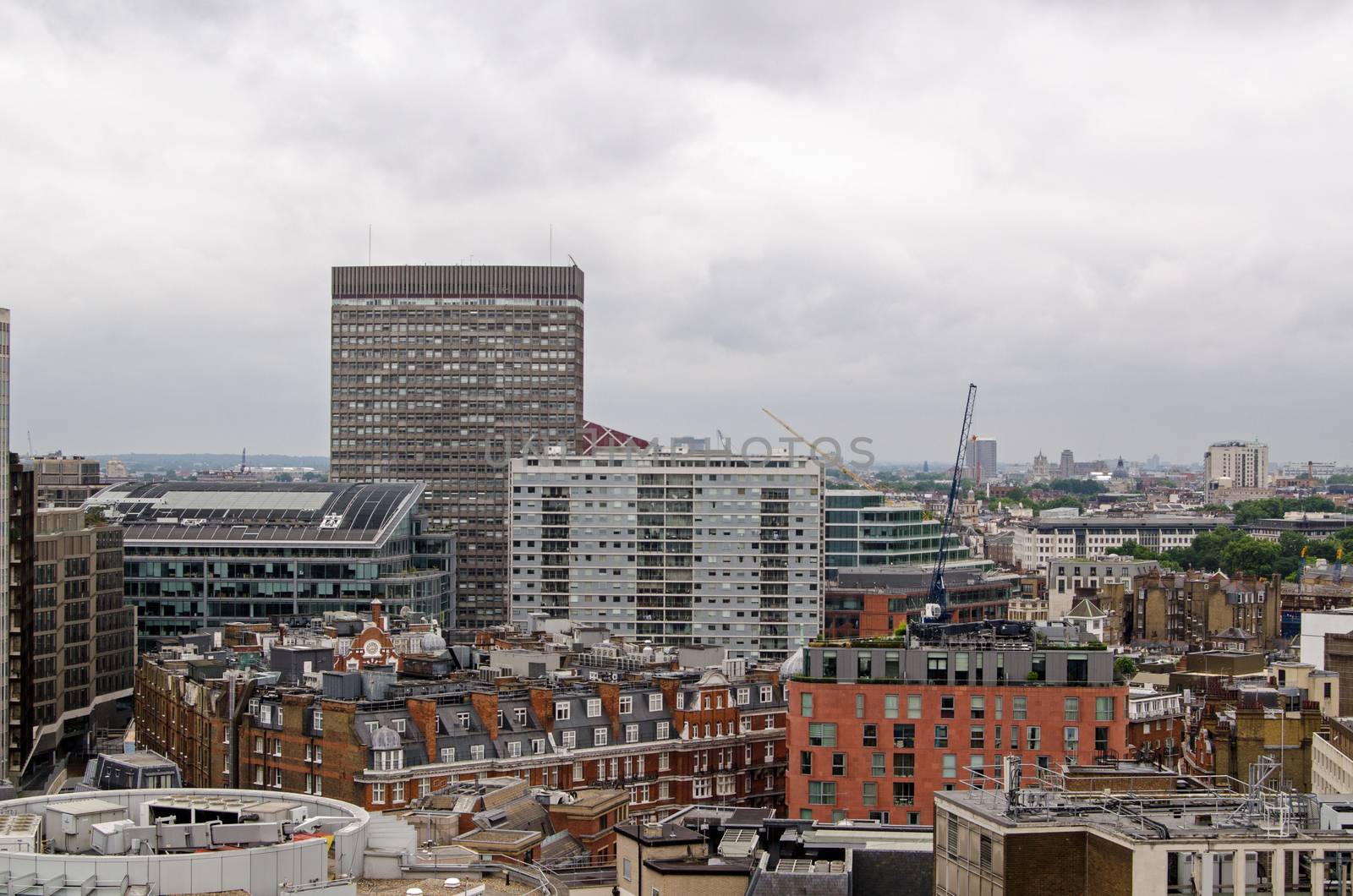 Office and apartment blocks in the Victoria district of London.  Tallest is Portland House, home to many companies and in front a block of flats now known as 'The View'.  