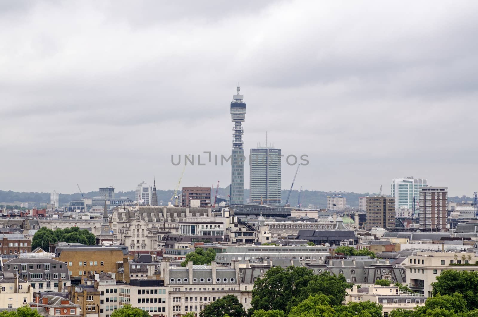 View across the roofs of Mayfair towards the landmark Post Office Tower in London.