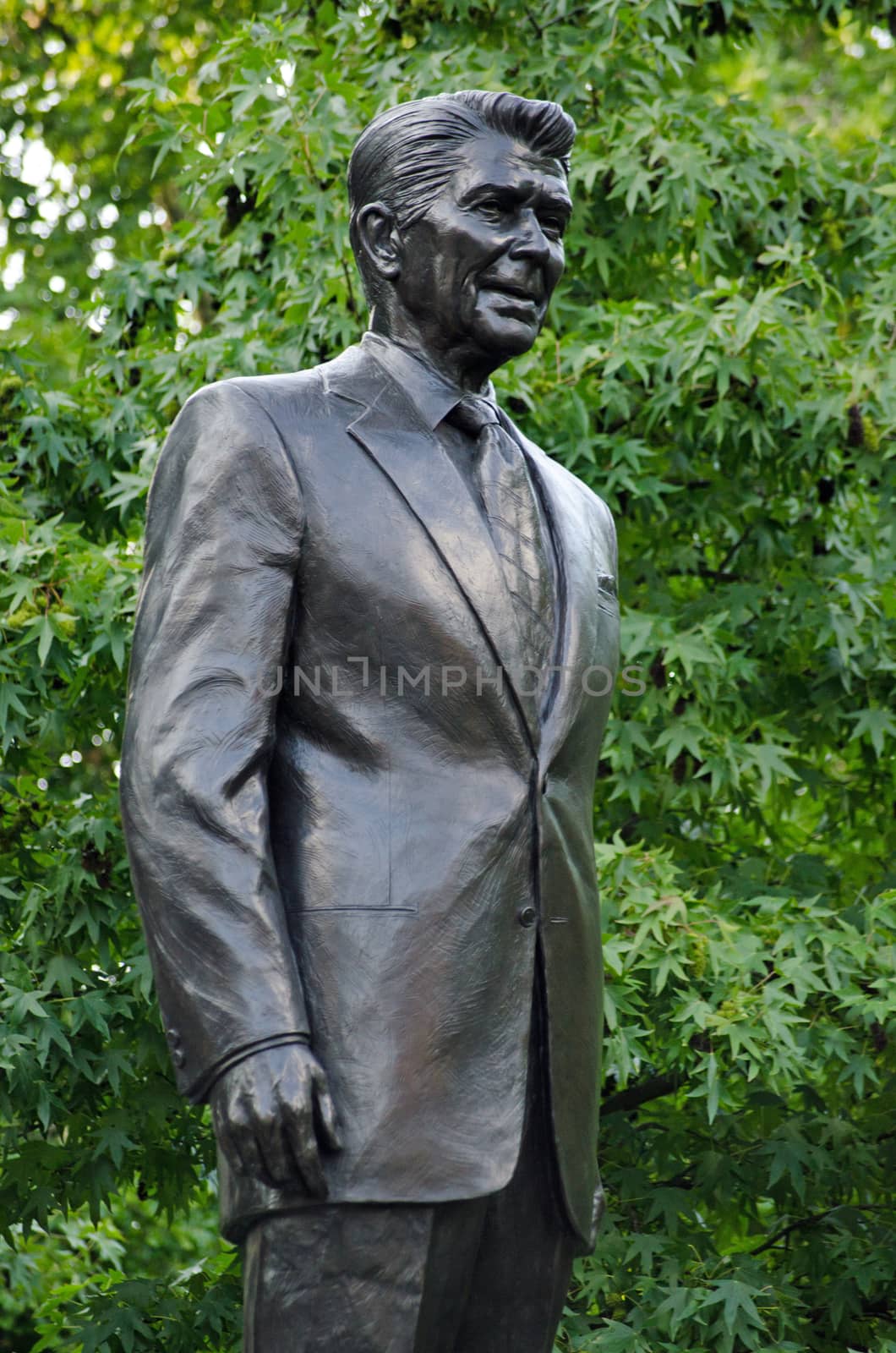 LONDON, UK - JULY 25, 2017:  Memorial statue of President Ronald Reagan in Grosvenor Square, Mayfair, London.  Created by American sculptor Chas Fagan it has been on public display since 2011.  