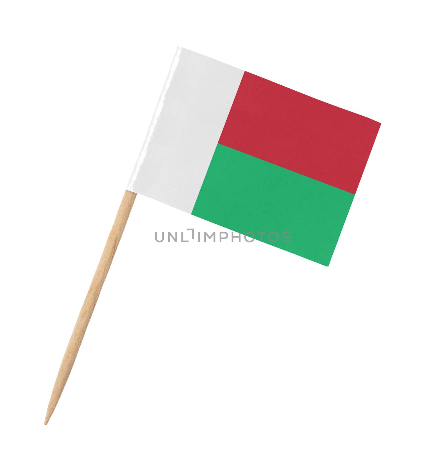 Small paper flag of Madagascar on wooden stick, isolated on white