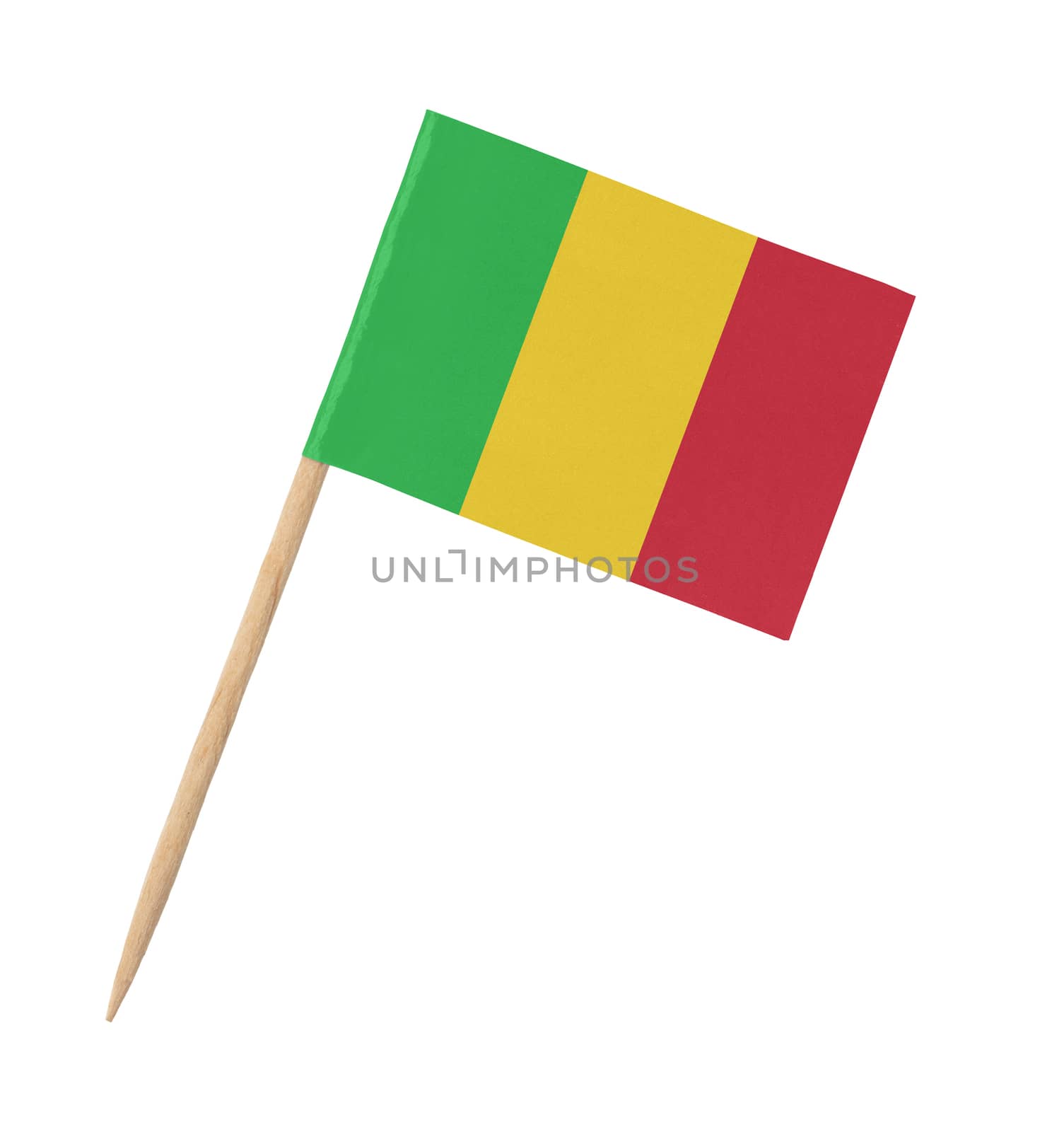 Small paper flag of Mali on wooden stick, isolated on white