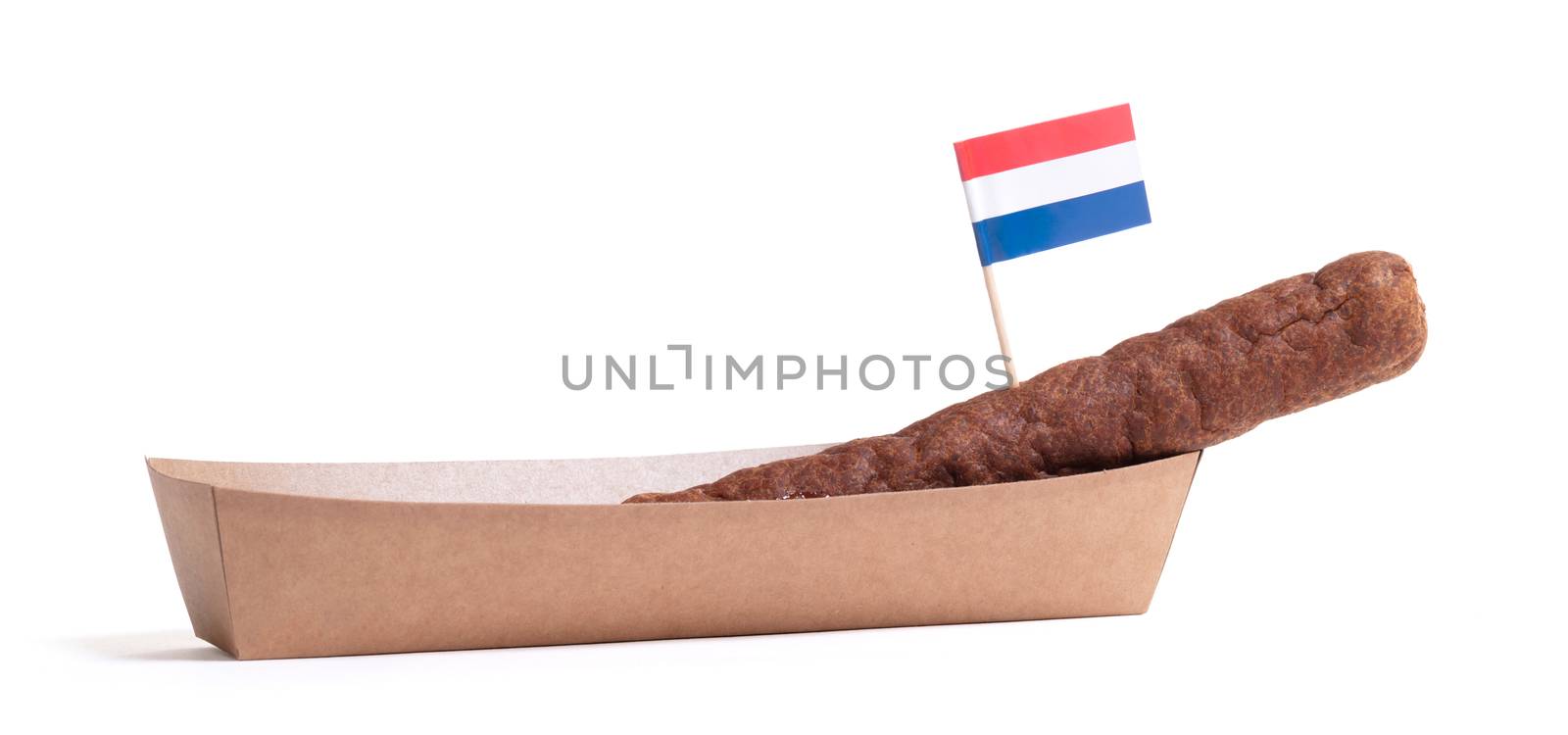 One frikadel, a Dutch fast food snack on a paper tray